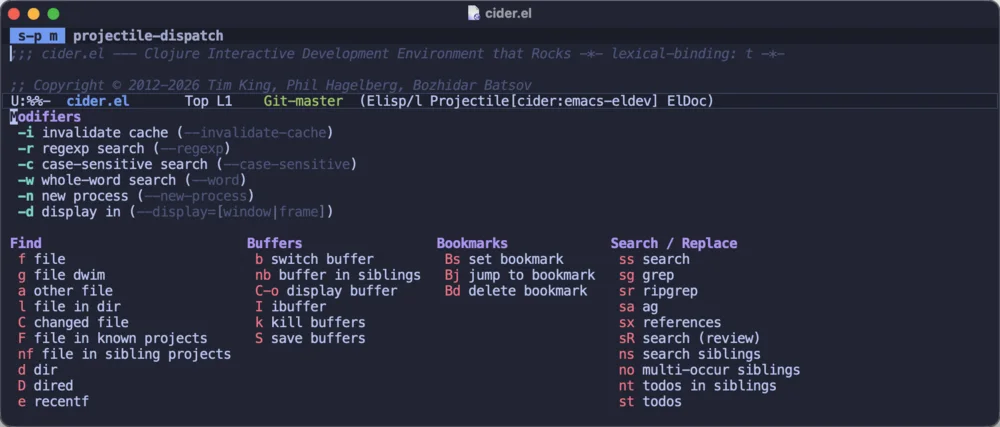 The Projectile dispatch menu listing its commands