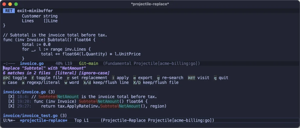 A replace preview listing every match with the replacement shown inline